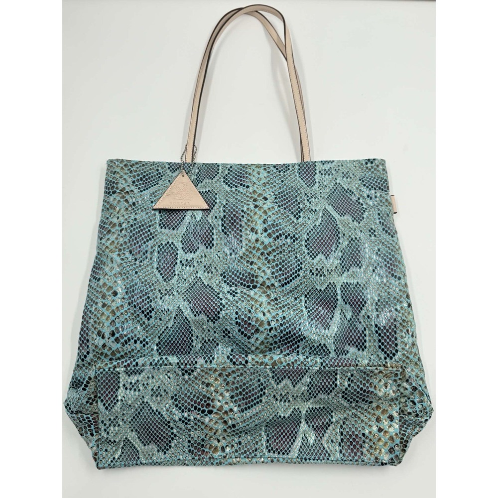 Sorial Metallic Blue Green Snake Embossed Fabric Shoulder Tote Leather Strap